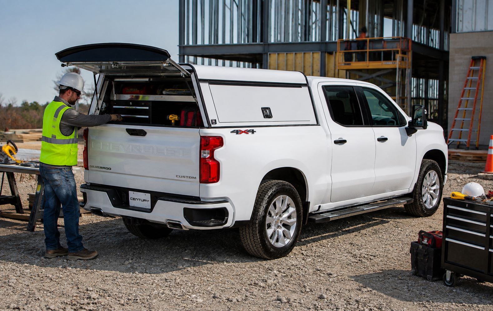 Aluminum truck cap configured as a mobile workstation and utility setup