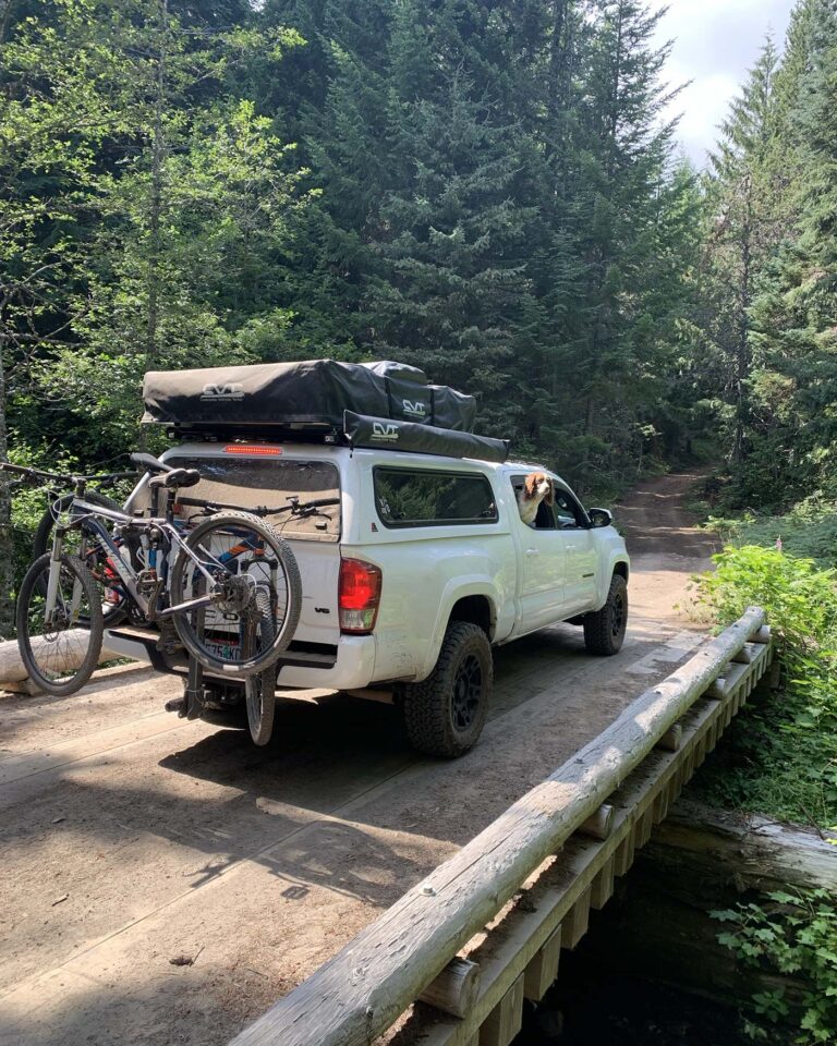 Ford pickup with LEER fiberglass truck cap in a mountain setting