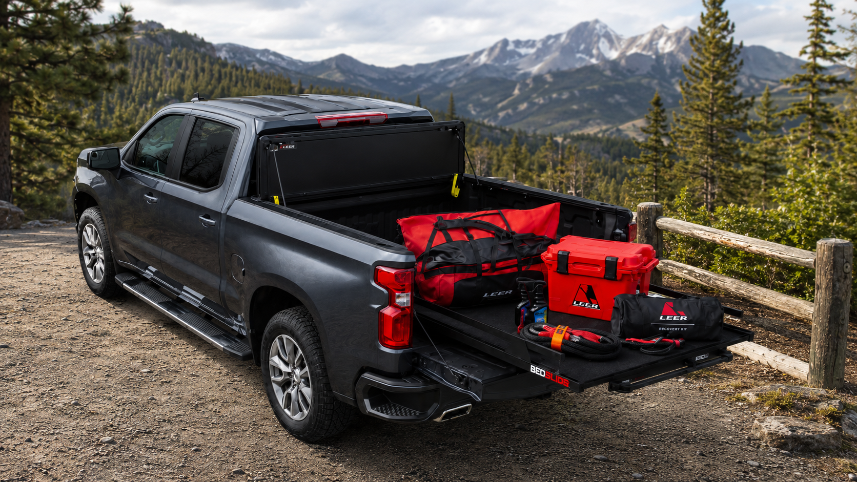 LEER HF650M folded upright with cargo in a mountain setting