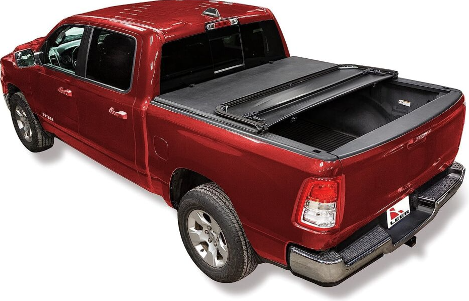 LEER FOLDITUP soft folding tonneau cover installed on a red Ram pickup