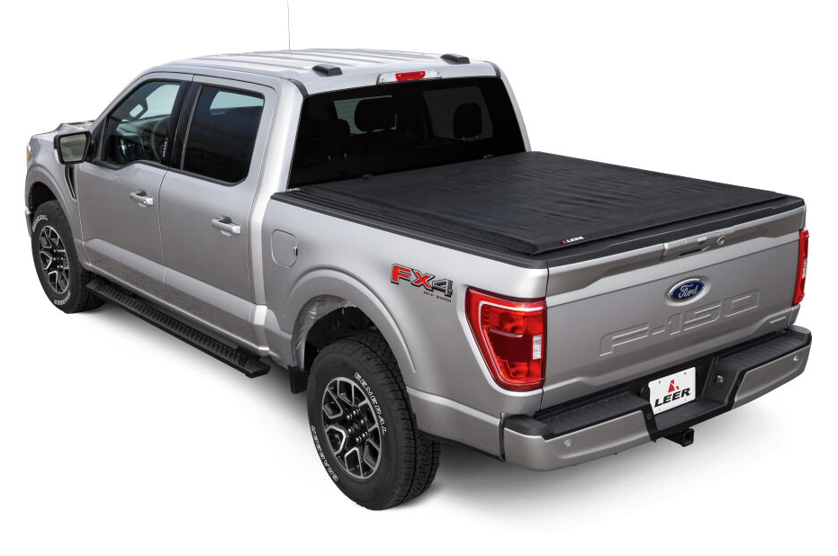 LEER SR250 soft roll-up tonneau cover installed on a silver Ford F-150