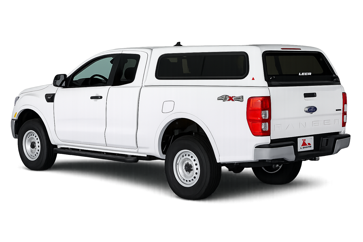 White Ford Ranger with a LEER 100S fiberglass truck cap